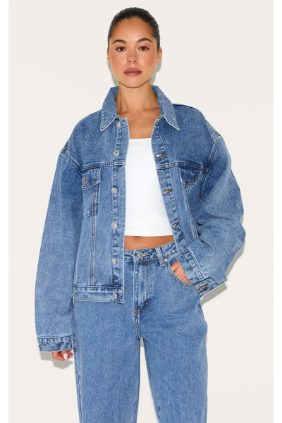 Середня синя миття негабаритна класична джинсова куртка Середня синя миття негабаритна класична джинсова куртка