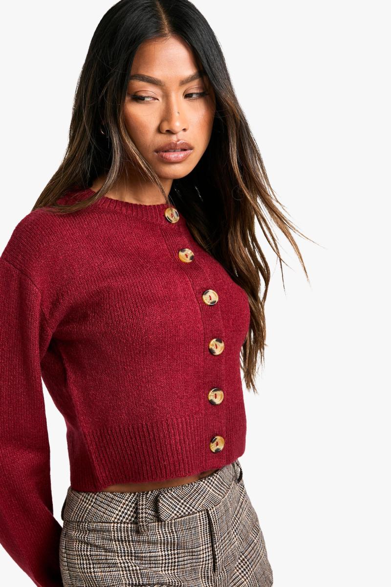 М'який трикотажний мікрокардиган з круглим вирізом і надувними рукавами