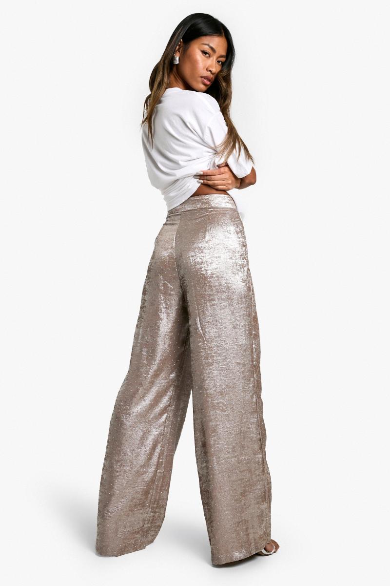 Атласні широкі брюки з металевим діамантом