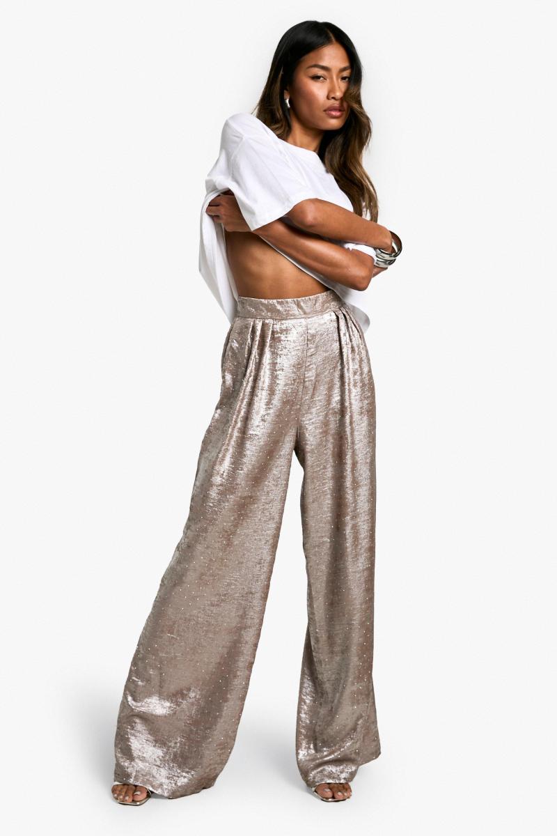 Атласні широкі брюки з металевим діамантом