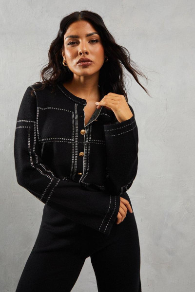 В'язаний екіпаж на шиї Контрастні шва Золота Кнопка Детальна кардиган В'язаний екіпаж на шиї Контрастні шва Золота Кнопка Детальна кардиган