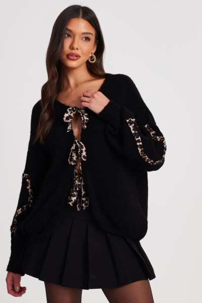 Чорний в'язаний леопардовий обробка кардиган Чорний в'язаний леопардовий обробка кардиган