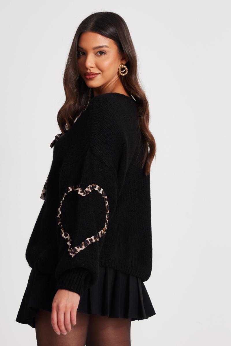 Чорний в'язаний леопардовий обробка кардиган