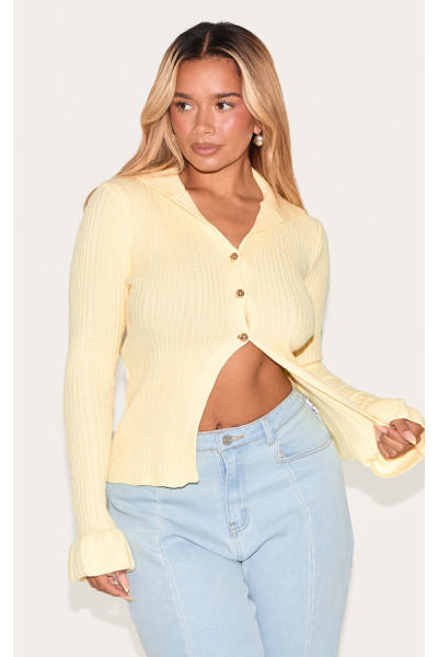 Форма лимонна трикотажна кнопка ребра передня розділена подол кардиган Форма лимонна трикотажна кнопка ребра передня розділена подол кардиган
