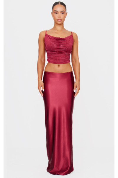 Бордова спідниця максі з еластичного атласу з розділеними боками Бордова спідниця максі з еластичного атласу з розділеними боками