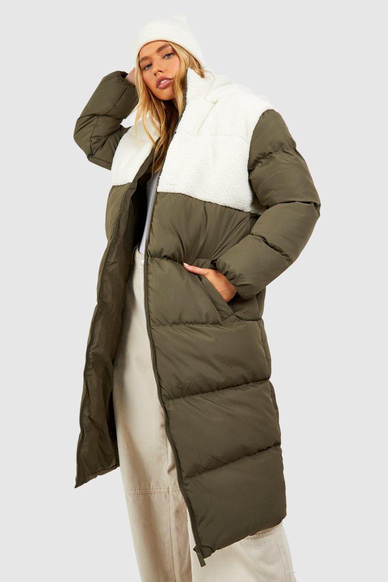 Довга пухова куртка з панелями Тедді