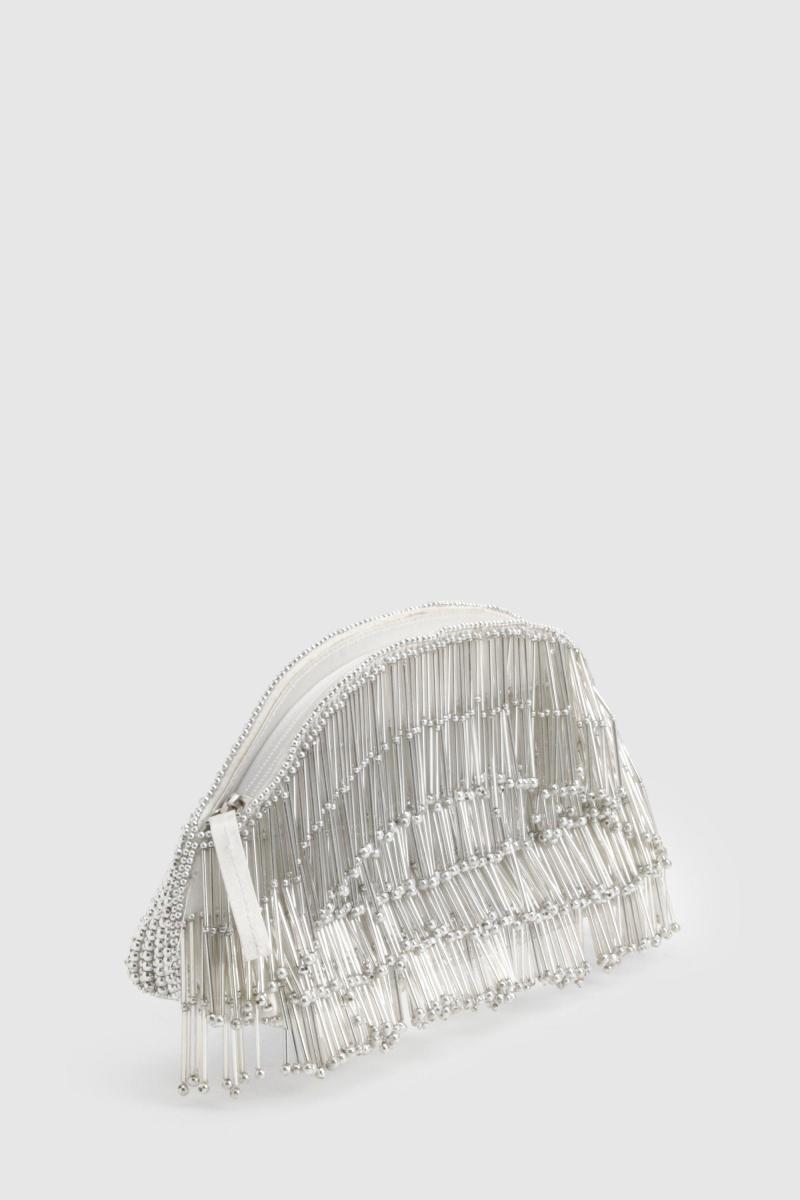 Срібна сумка-клатч із китицями з бісеру