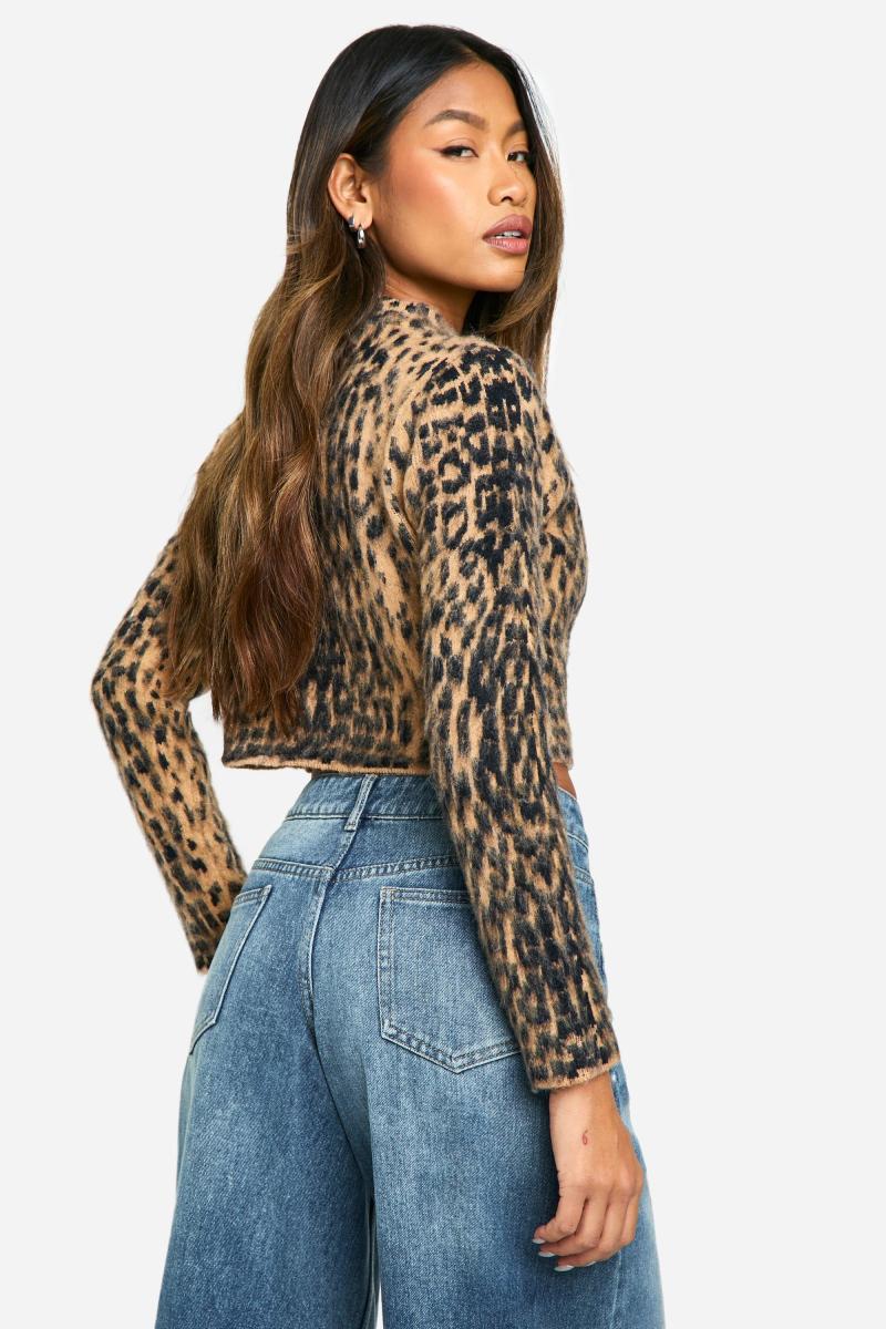 В’язаний укорочений кардиган з леопардовим начісуванням