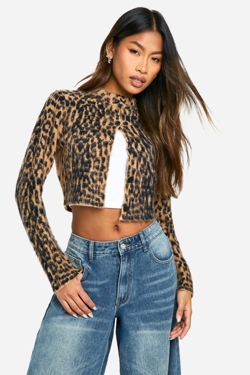 В’язаний укорочений кардиган з леопардовим начісуванням