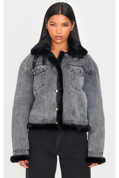 Сіра м'яка джинсова куртка зі штучного хутра в стилі авіатора