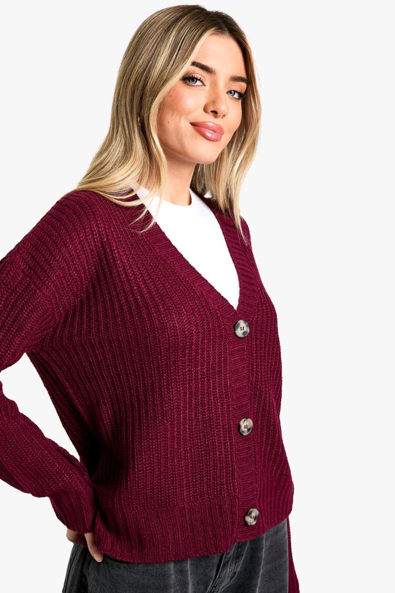 В'язаний кардиган бордового кольору з V-подібним вирізом