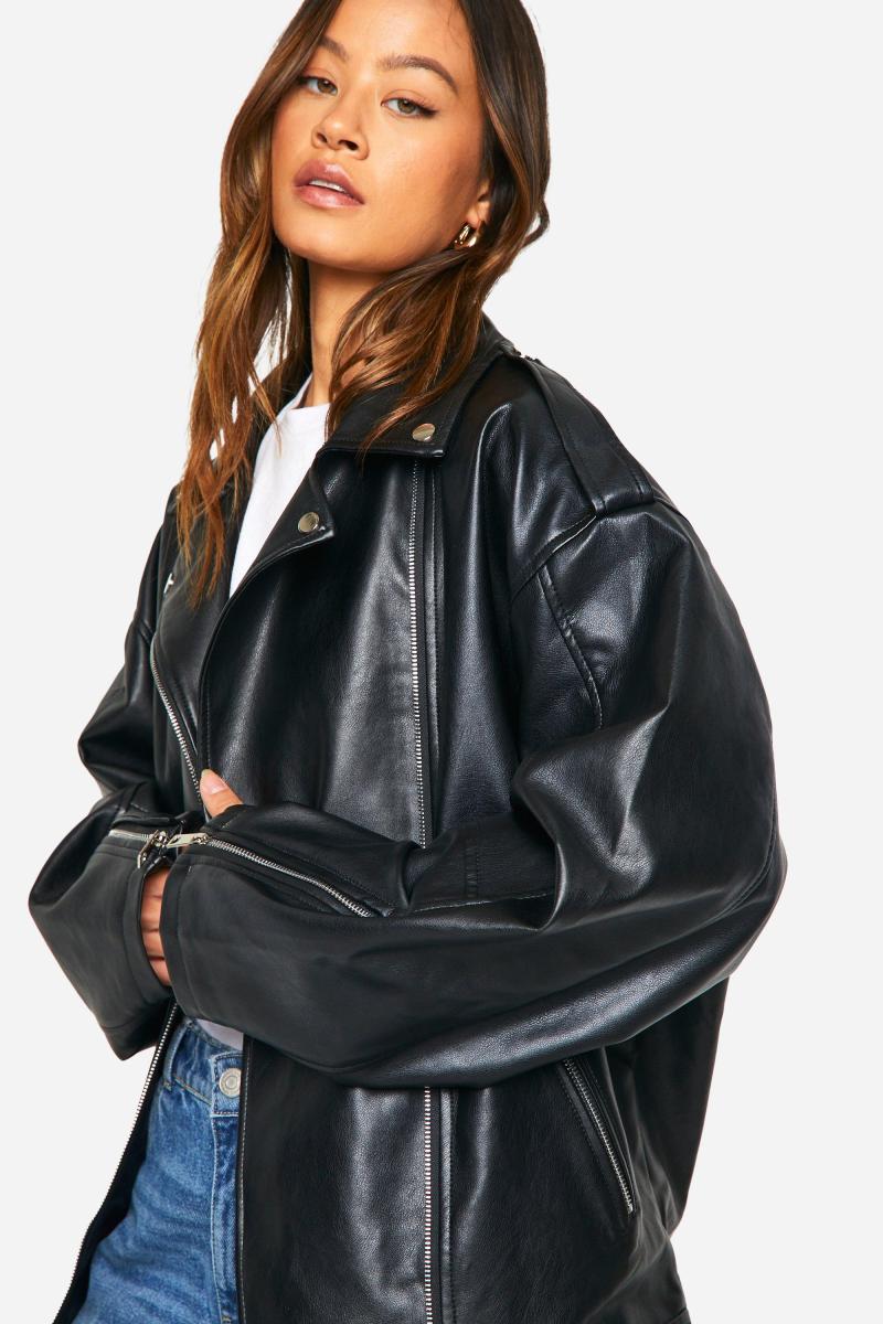 Висока байкерська куртка зі штучної шкіри великого розміру