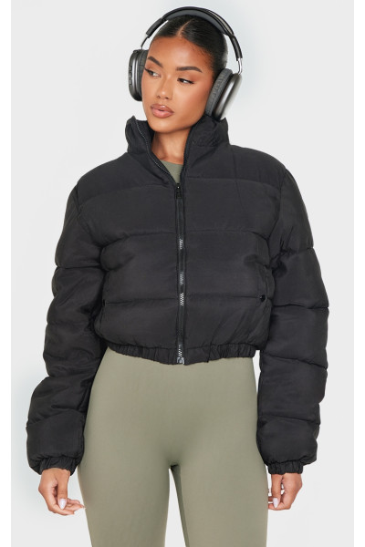 Чорний підстрижена персикова шкіряна пухирна куртка Чорний підстрижена персикова шкіряна пухирна куртка