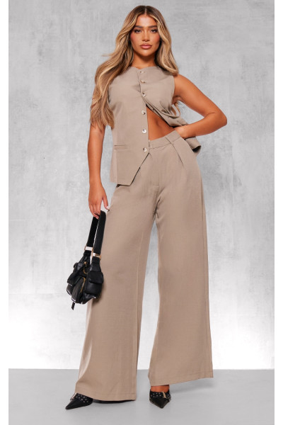 Taupe Tuked Casted Wide Neg Plateed Trusers Taupe Tuked Casted Wide Neg Plateed Trusers