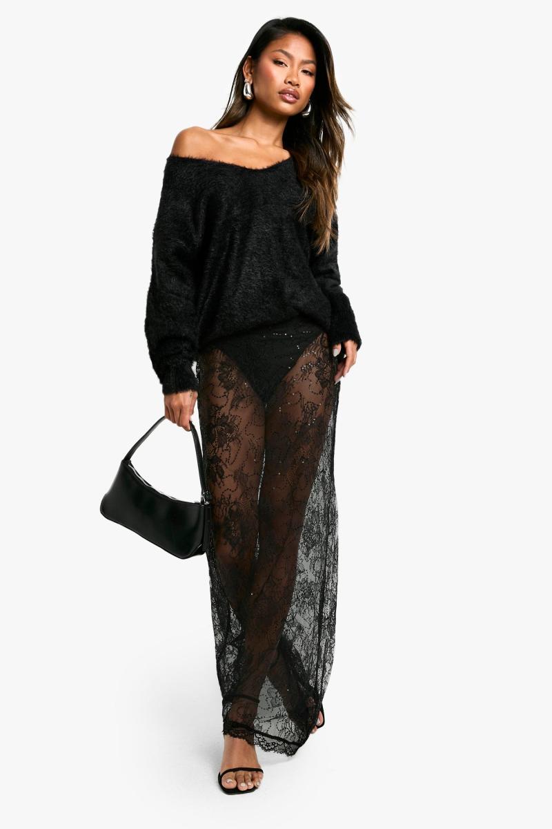 Мереживна спідниця максі з паєтками