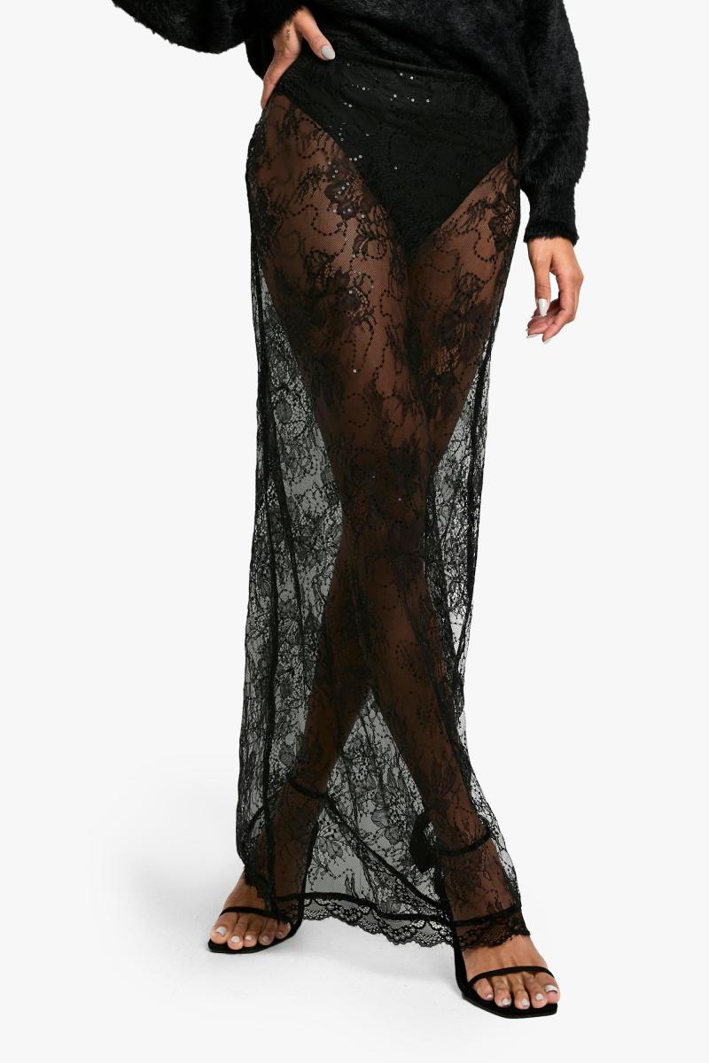 Мереживна спідниця максі з паєтками