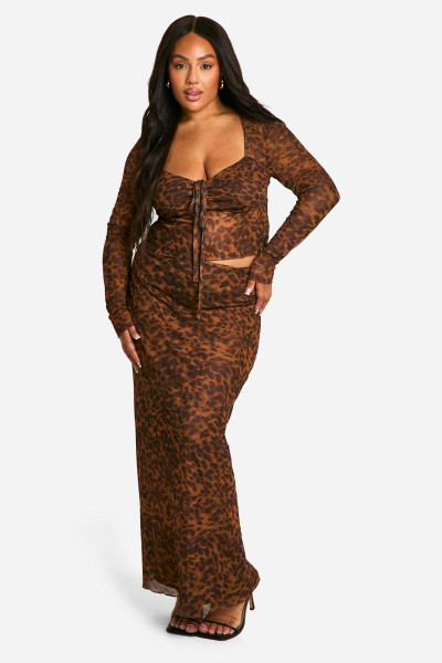 Плюс леопардова сітка вершина та колонка Максі спідниця Co Ord Плюс леопардова сітка вершина та колонка Максі спідниця Co Ord