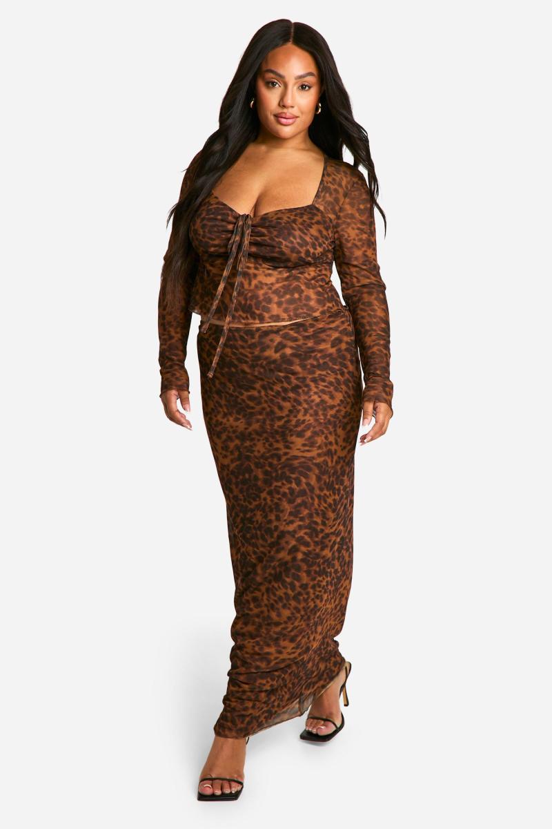 Плюс леопардова сітка вершина та колонка Максі спідниця Co Ord