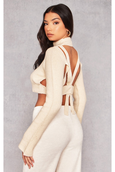 В’язаний укорочений джемпер з відкритою спиною в рубчик кремового кольору В’язаний укорочений джемпер з відкритою спиною в рубчик кремового кольору