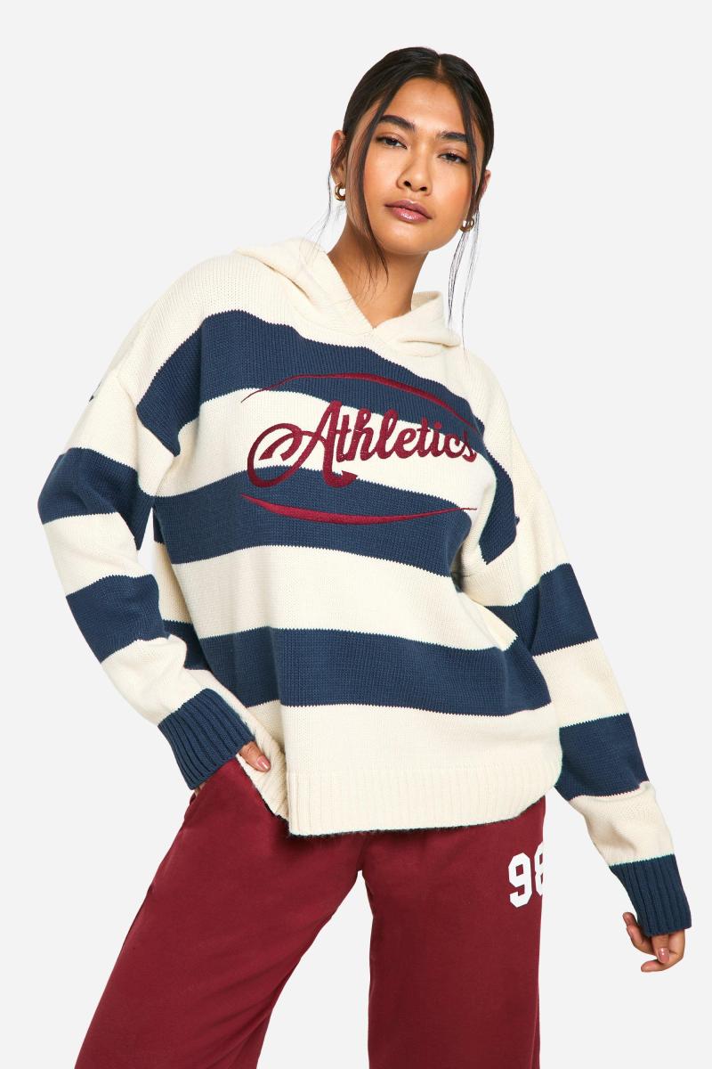 Велике в’язане спортивне худі з вишивкою в смужку