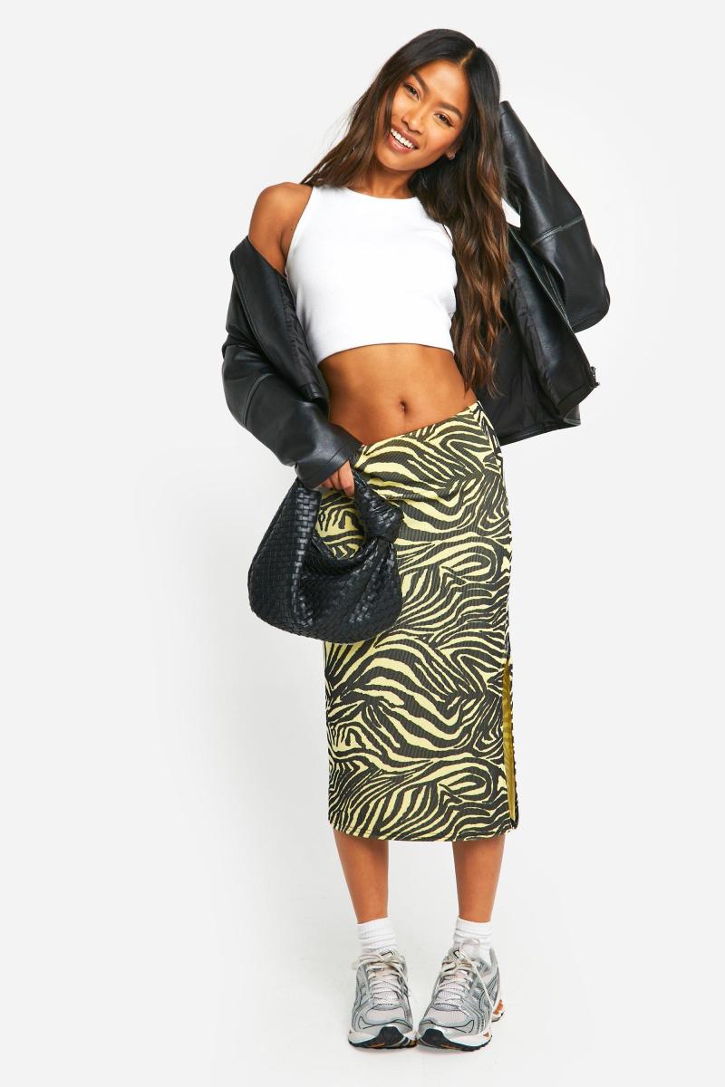Спідниця міді з принтом зебри в рубчик з розрізами збоку