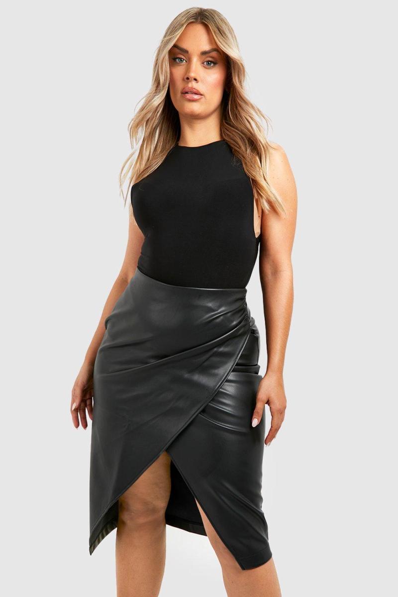 Плюс шкіряна спідниця міді з рюшами та запахом