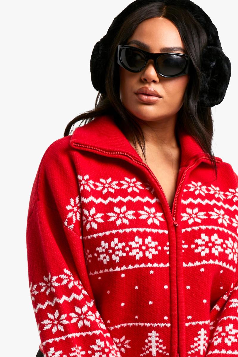 Плюс преміальний в'язаний кардиган із різдвяною ярмаркою на блискавці