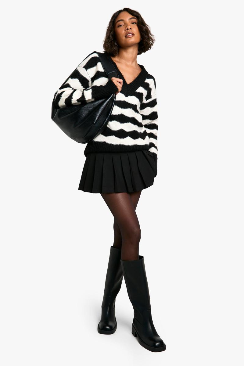 Високий v шия смуга негабаритний в'язаний джемпер