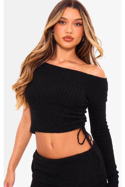 Чорний ребристий трикотаж з одним рукавом і рюшами Чорний ребристий трикотаж з одним рукавом і рюшами