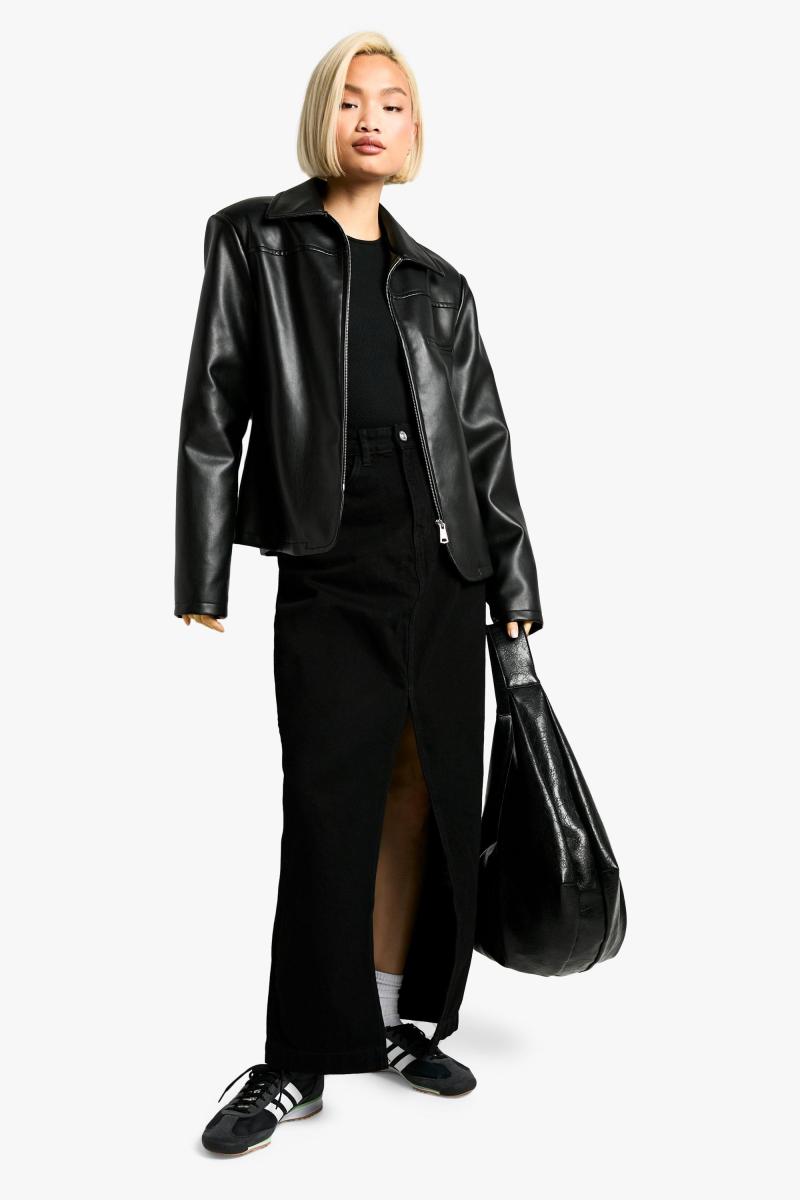 Джинсова максі-спідниця з розрізом спереду