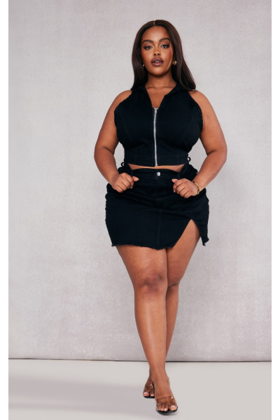 Додаткова чорна еластична джинсова міні-спідниця з розділеними деталями Додаткова чорна еластична джинсова міні-спідниця з розділеними деталями